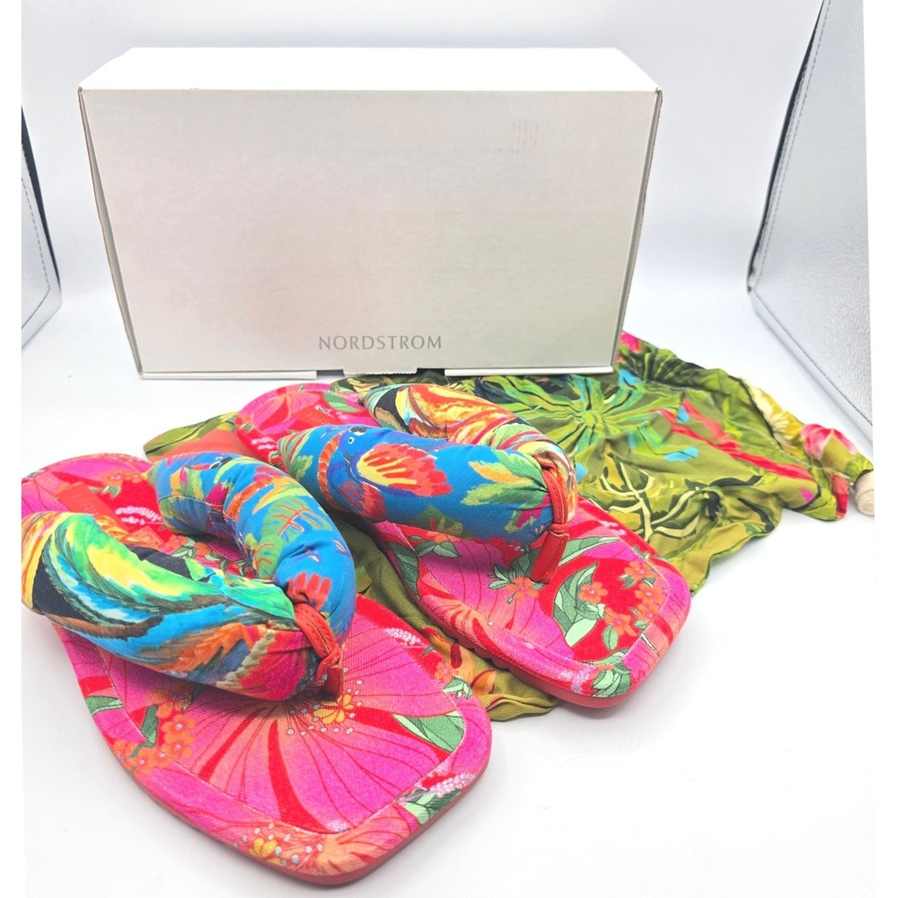 Farm Rio Multi Scarf Padded Thong Sandals Tropical Parrot Print Size 10 NEW